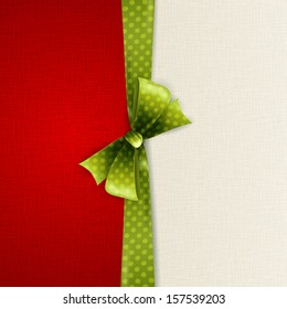 Holiday background with green polka dots ribbon and bow