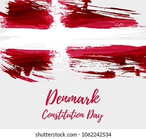 Holiday background with grunge watercolor imitation flag of Denmark. Denmark Constitution day national holiday. Template for poster, banner, flyer, invitation, etc.