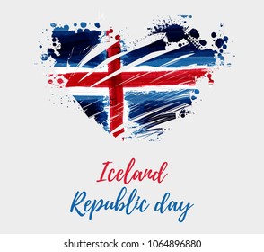 Holiday background with grunge watercolor imitation flag of Iceland  in heart shape. Iceland Republic day, 17  June. Template for poster, banner, flyer, invitation, etc.