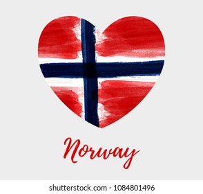 Holiday background with grunge watercolor imitation flag of Norway in heart shape. Norway Constitution day, 17 may. Template for poster, banner, flyer, invitation, etc.
