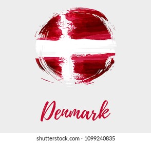 Holiday background with grunge watercolor imitation flag of Denmark in round grunge shape. Denmark Constitution day national holiday. Template for poster, banner, flyer, invitation, etc.