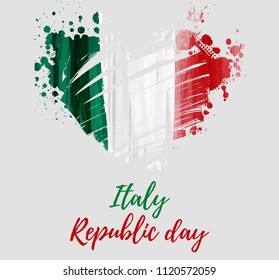 Holiday background with grunge watercolor imitation flag of Italy in grunge heart shape. Festa della Repubblica (Italian Republic Day). Template for poster, banner, flyer, invitation, etc.