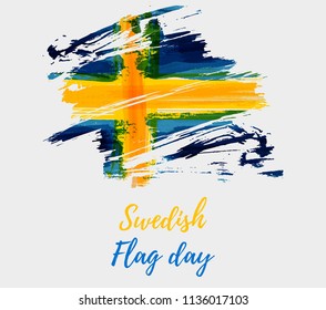 Holiday background with grunge watercolor imitation flag of Sweden. Sweden national day, 6 June. Flag day. Template for poster, banner, flyer, invitation, etc.
