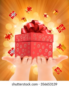 Feierlicher Hintergrund mit Händen, die Geschenkschachteln halten. Konzept der Abgabe von Geschenken.
