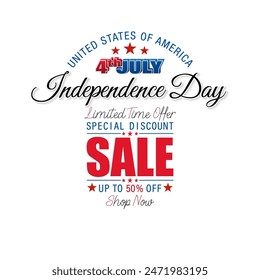 Holiday background with handwriting and 3D texts and national flag colors for Fourth of July, American Independence day, sales, commercial events; Vector illustration.