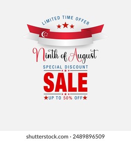 Holiday background with handwriting texts and national flag colors for Ninth of August, Singapore Independence day, sales, commercial events; Vector illustration.