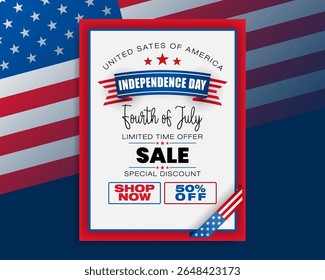 Fundo de férias com textos de caligrafia e cores da bandeira nacional para o 4 de julho, vendas do dia da Independência Americana, eventos comerciais; ilustração Vetor.