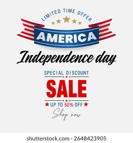 Holiday background with handwriting texts and national flag colors for Fourth of July, American Independence day sales, commercial events; Vector illustration.