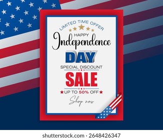 Fundo de férias com textos de caligrafia e cores da bandeira nacional para o 4 de julho, vendas do dia da Independência Americana, eventos comerciais; ilustração Vetor.