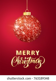 Holiday background. Hanging Christmas red ball on red. Sparkling metal glitter bauble. Merry Christmas typography. For Christmas and New Year cards, gift tags, labels, party posters, banners