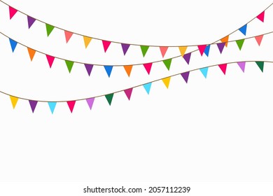 Holiday background with hanging colorful flags. Colorful pennants. Vector illustration of happy birthday flags and garlands

