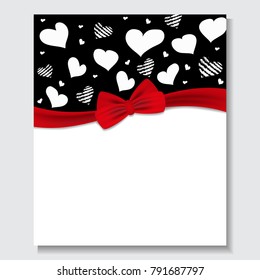 Holiday background with hearts and red ribbon bow Valentines day etc. Design for posters, banners or cards. Vector illustration.
