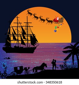 Holiday background illustration with santa claus and deers silhouettes flying over a sea