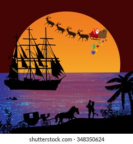 Holiday background illustration with santa claus and deers silhouettes flying over a sea