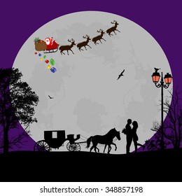 Holiday background illustration with santa claus and deers silhouettes flying over a beautiful night