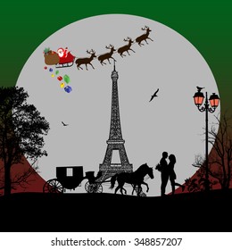 Holiday background illustration with santa claus and deers silhouettes flying over at Eiffel tower