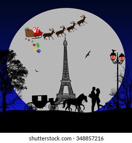 Holiday background illustration with santa claus and deers silhouettes flying over at Eiffel tower