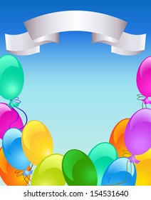 Holiday background with inflatable balloons and ribbon for text