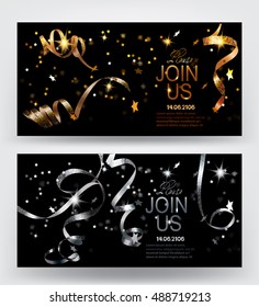 Holiday Background. Invitation Gold And Silver Cards With Sparkling Serpentine And Star Shaped Confetti. Vector Illustration