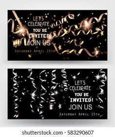 Holiday background. Invitation gold and silver cards with sparkling serpentine and star shaped confetti. Vector illustration