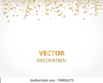 Holiday background. Isolated golden garland border, frame. Hanging baubles, streamers, falling confetti. Great for Christmas, New year cards, birthday and wedding invitations, banners, party posters.