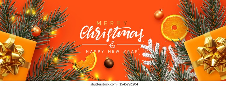 Holiday background Merry Christmas and Happy New Year. Xmas design with realistic festive objects, Pine and spruce branches, sparkling lights garland, gift box, silver snowflake, balls bauble.