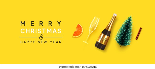 Holiday Background Merry Christmas And Happy New Year. Xmas Design With Realistic Festive Objects, Bottle Champagne Wine With Glass, Decorative Pine Tree, Cinnamon And Orange Slice. Christmas Spruce