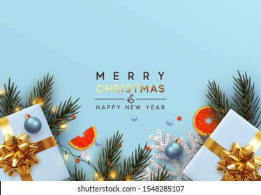 Holiday background Merry Christmas and Happy New Year. Xmas design with realistic festive objects, Pine and spruce branches, sparkling lights garland, gift box, silver snowflake, balls bauble.