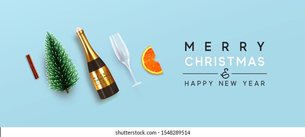Holiday background Merry Christmas and Happy New Year. Xmas design with realistic festive objects, bottle champagne wine with glass, decorative pine tree, cinnamon and orange slice. Christmas spruce