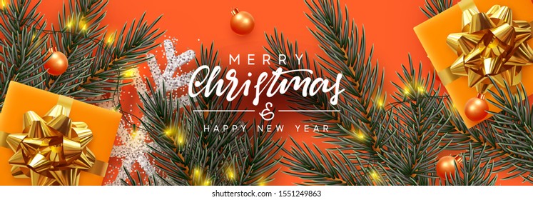 Holiday background Merry Christmas and Happy New Year. Xmas design with realistic festive objects, Pine and spruce branches, sparkling lights garland, gift box, silver snowflake, balls bauble.