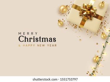 Holiday background Merry Christmas and Happy New Year. Xmas design with realistic objects, beige gift box, golden ball, light lamp garland, glitter gold confetti. Festive banner, poster, flat top view