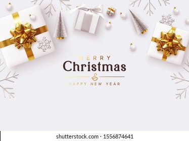 Holiday Background Merry Christmas and Happy New Year. Xmas design white gifts boxes, silver volume snowflake, glass ball. Christmas tree. flat lay, top view. Greeting card, poster cover. vector