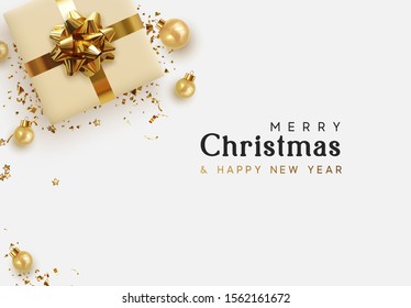 Holiday background Merry Christmas and Happy New Year. Xmas design with realistic object, beige gift box, golden ball, golden stast tinsel, glitter gold confetti. Festive banner, poster, flat top view