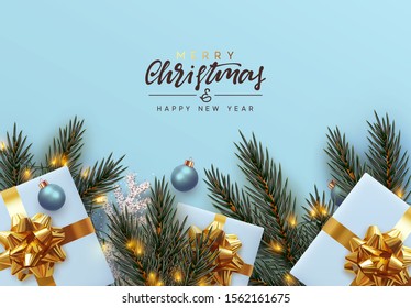 Holiday background Merry Christmas and Happy New Year. Xmas design with realistic festive objects, Pine and spruce branches, sparkling lights garland, gift box, silver snowflake, balls bauble.