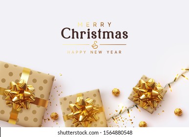 Holiday background Merry Christmas and Happy New Year. Xmas design with realistic festive objects, sparkling lights garland, beige gift box lush bow, glitter gold confetti, round chocolates in foil.