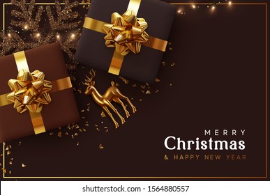 Holiday background Merry Christmas and Happy New Year. Xmas design with realistic festive objects, sparkling lights garland, brown and black gift box lush bow, glitter gold confetti, Golden deer