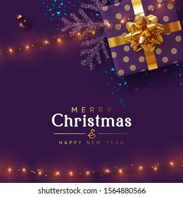 Holiday background Merry Christmas and Happy New Year. Xmas design with realistic festive objects, sparkling lights garland, purple gift box, lilac ball bauble, glitter violet confetti.