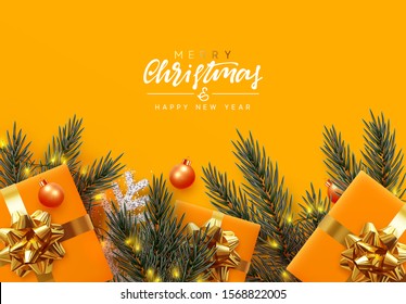 Holiday background Merry Christmas and Happy New Year. Xmas design with realistic festive objects, Pine and spruce branches, sparkling lights garland, gift box, silver snowflake, balls bauble.