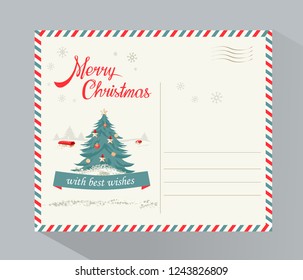 Holiday background, Merry Christmas and New Year typographical on background with winter landscape,  Christmas trees, houses and lettering  at Winter Season.  Holiday Greeting Card, postcard