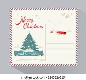 Holiday background, Merry Christmas and New Year typographical on background with winter landscape,  Christmas trees, houses and lettering  at Winter Season.  Holiday Greeting Card, postcard