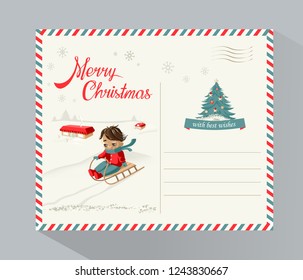 Holiday background, Merry Christmas and New Year typographical on background with winter landscape, Happy Boy ride a sled, Christmas trees, houses and lettering. Holiday Greeting Card, postcard,Banner