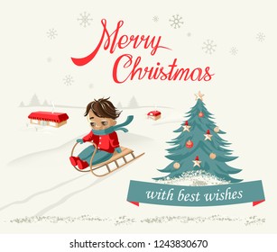 Holiday background, Merry Christmas and New Year typographical on background with winter landscape, Happy Boy ride a sled, Christmas trees, houses and lettering. Holiday Greeting Card, postcard,Banner