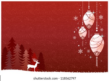 Holiday background with ornaments, reindeer,trees on snow field. Transparency is used in this EPS10 file. Each element is on separated layers.