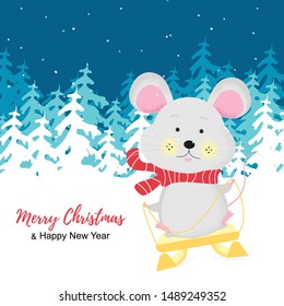 Holiday background, outdoor winter scene. Hand drawn sketch. Merry Christmas and Happy New Year design for banners, posters, massages, announcements. Winter forest with mouse, 2020. Vector 