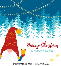 Holiday background, outdoor winter scene with cute gnome in red hat. Merry Christmas and Happy New Year design for banners, posters, massages, announcements. Winter forest. Vector Illustration 