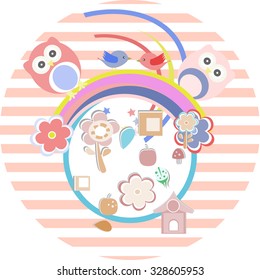 holiday background with owl, flowers and birds. vector illustration