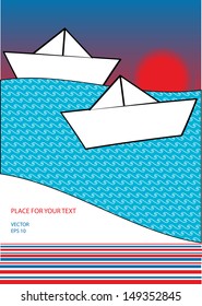 holiday background with paper boats on the sea with sunset, editable page layout with place for your text