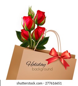 Holiday Background With Paper Shopping Bag with Bouquet Of Red Roses. Vector.