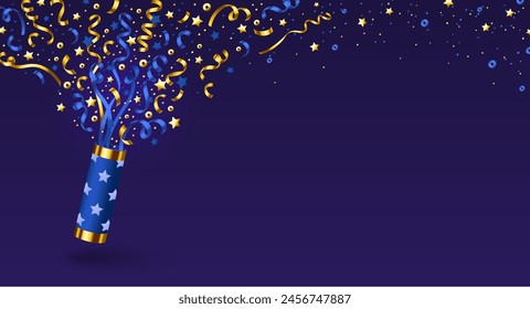 Fondo de Festiva con fiesta popper y espacio vacío para el texto. Cilindro de conjunto de Ilustración vectorial 3D realista con confeti volador azul y dorado.