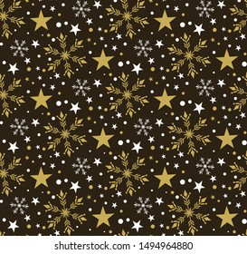 Holiday background pattern. Christmas background image with stars and snowflakes. Xmas, winter, new year concept. Great for New Year cards, poster, banners, invitations. Vector.